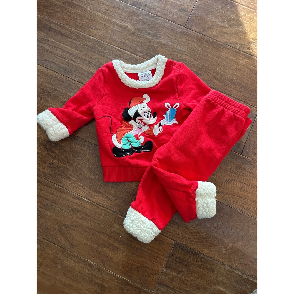 Disney Baby Mickey Mouse Christmas Pajamas‎ Set Red Santa Outfit 9 12 Months